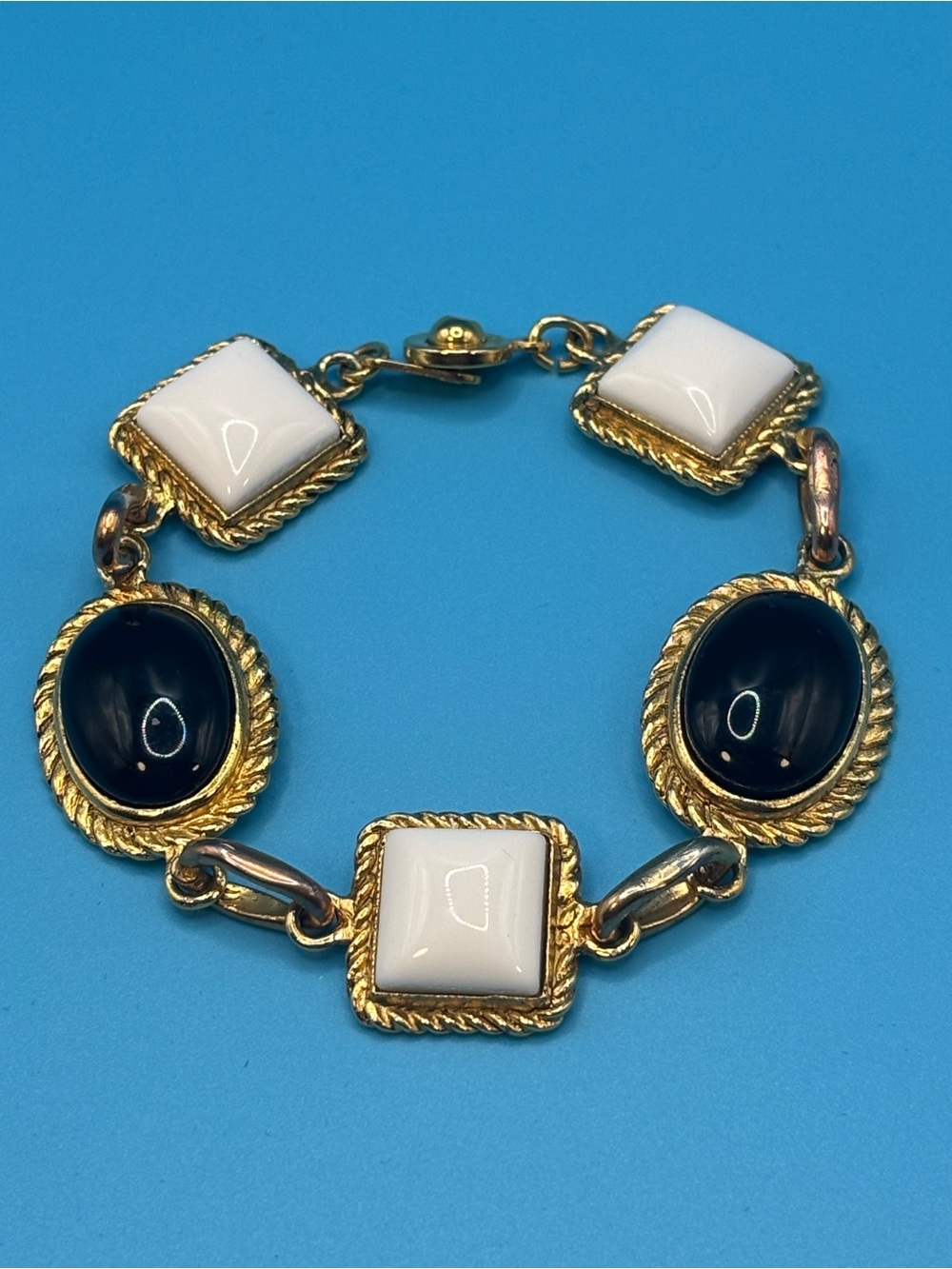 Christian Dior Vintage Black White Lucite Link Bracelet Gold Tone Chunky 60s Mod